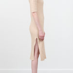 Short Sleeve Boucle V-Neck Dress in Tan Grain by Atelier Delphine with Side Slit