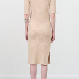 Atelier Delphine Boucle V-Neck Dress in Nude Grain with Short Sleeve and Side Slit Rib Knit