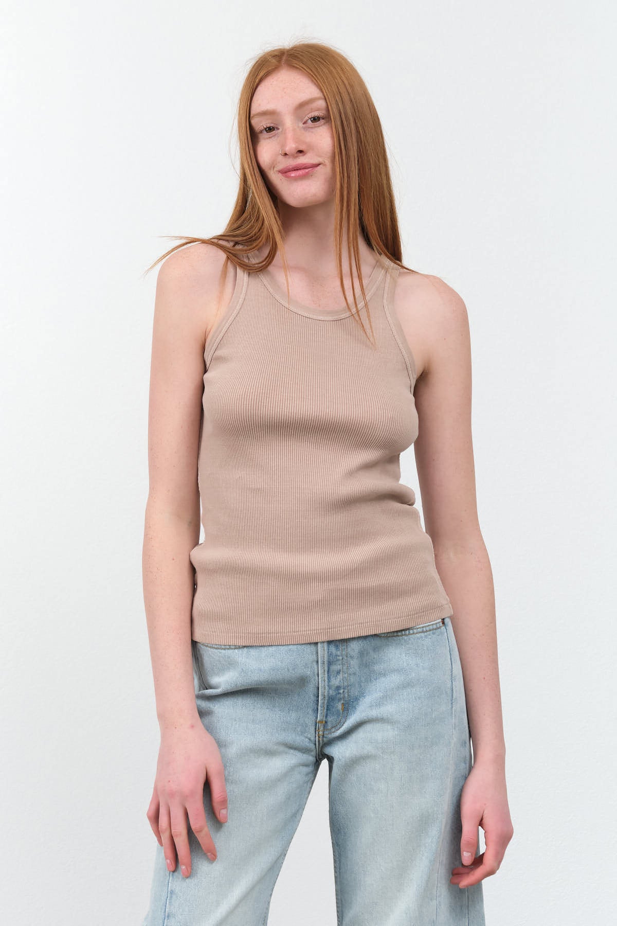 Styled Long Rib Tank in Taupe