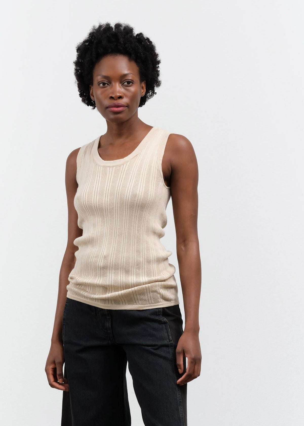 Atelier Delphine Apparel Womens Sweaters Pointelle Relaxed Tank in Nude