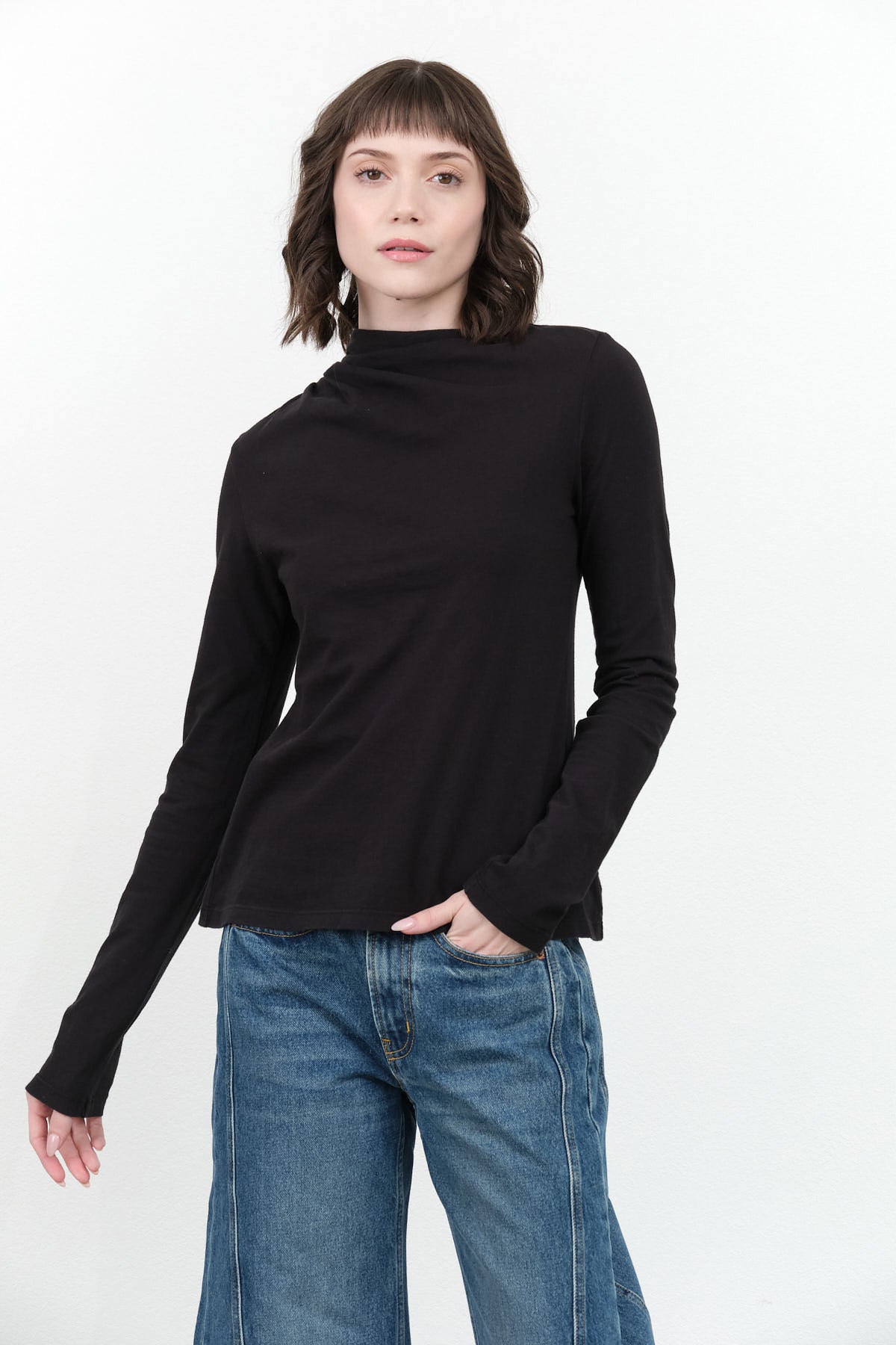 Atelier Delphine Shirred Neck Rib Top in Black