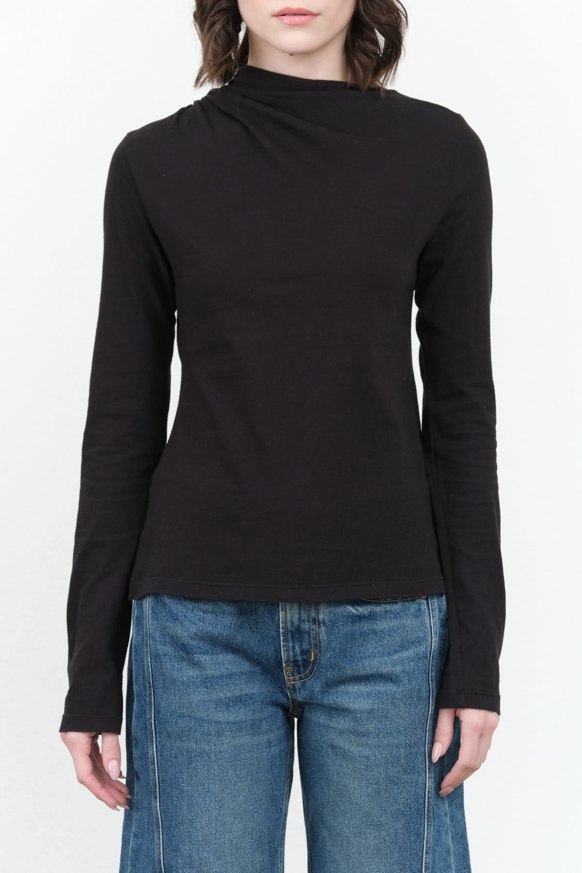 Shirred Neck Rib Top in Black Atelier Delphine