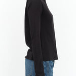 Atelier Delphine Designer Brand Shirred Mock Neck Long Sleeve Rib Top in Black