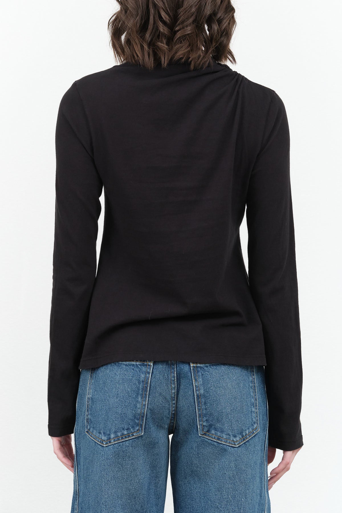 Shirred Mock Neck Long Sleeve Rib Top in Black Atelier Delphine Designer Brand