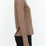 Atelier Delphine Designer Brand Shirred Mock Neck Long Sleeve Rib Top in Warm Grey Brown