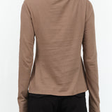 Shirred Mock Neck Long Sleeve Rib Top in Warm Grey Brown Atelier Delphine Designer Brand