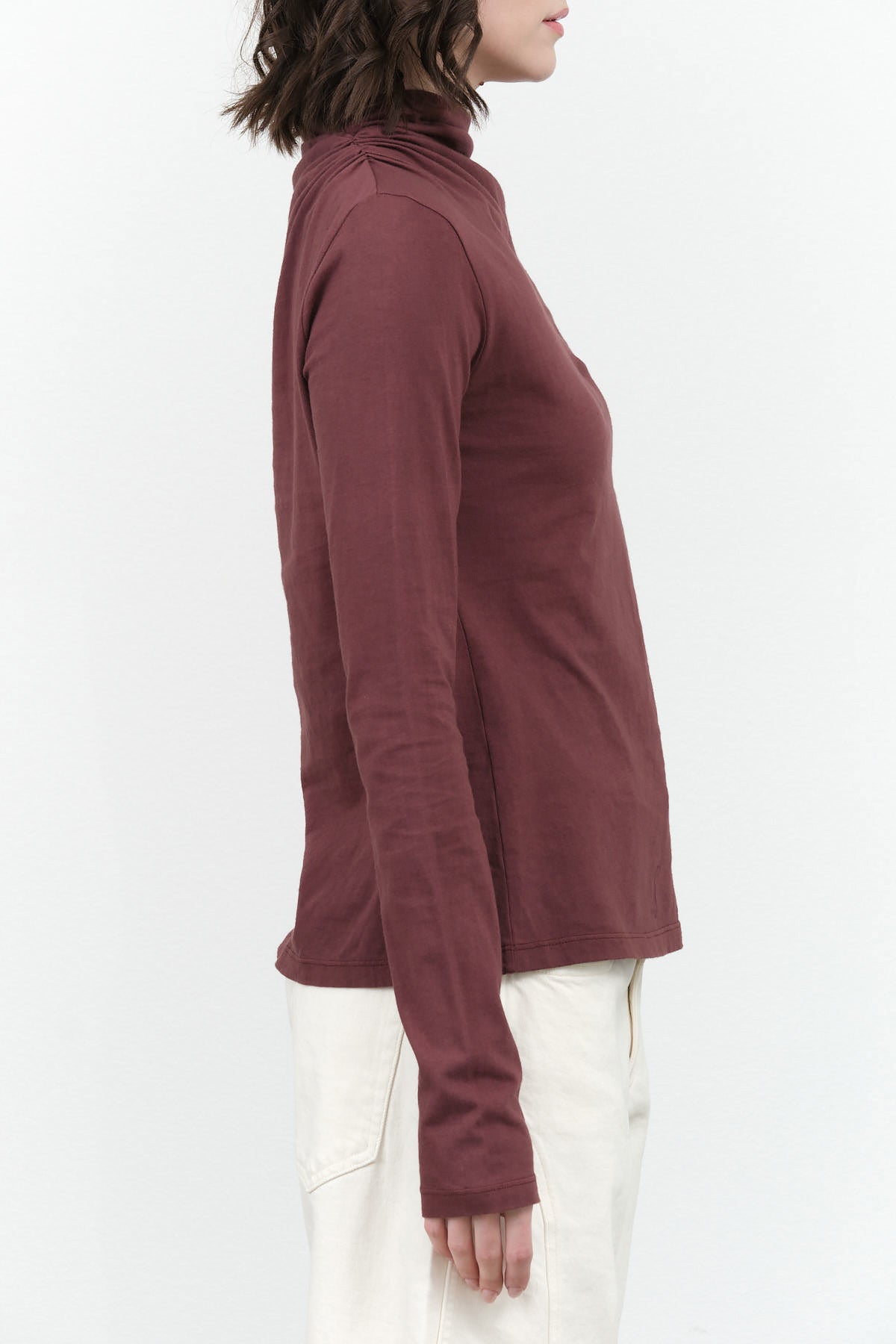 Atelier Delphine Designer Brand Shirred Mock Neck Long Sleeve Rib Top in Winter Bloom Red Maroon