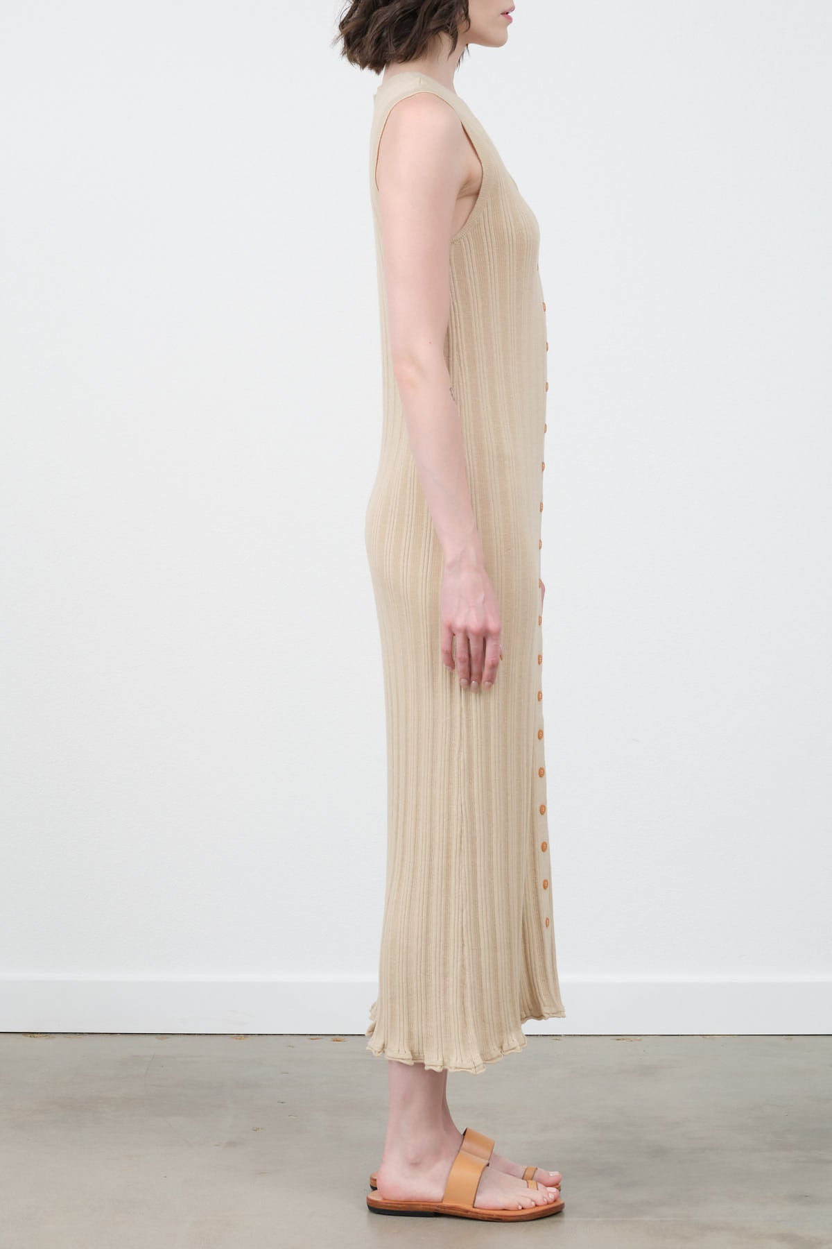 Atelier Delphine Nude Slim Long Button up Ribbed Vest Dress 