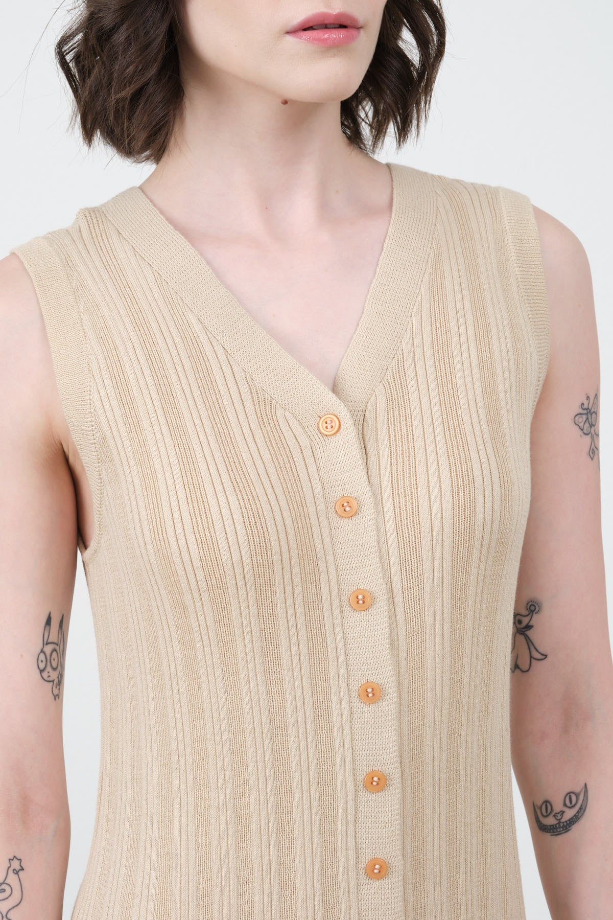 Slim Long Vest Dress Button Down V Neck Sleeveless in Tan Nude Atelier Delphine