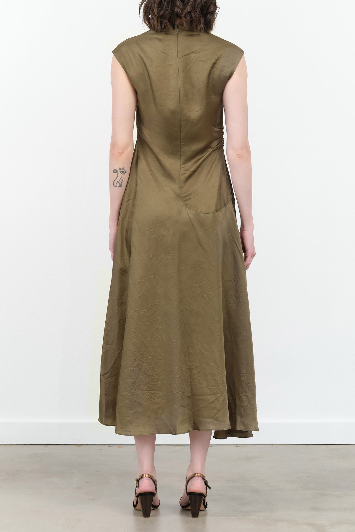 Hunter Green Twisted Silk Wedding Guest Mock Neck Sleeveless Dress by Designer Brand Atelier Delphine