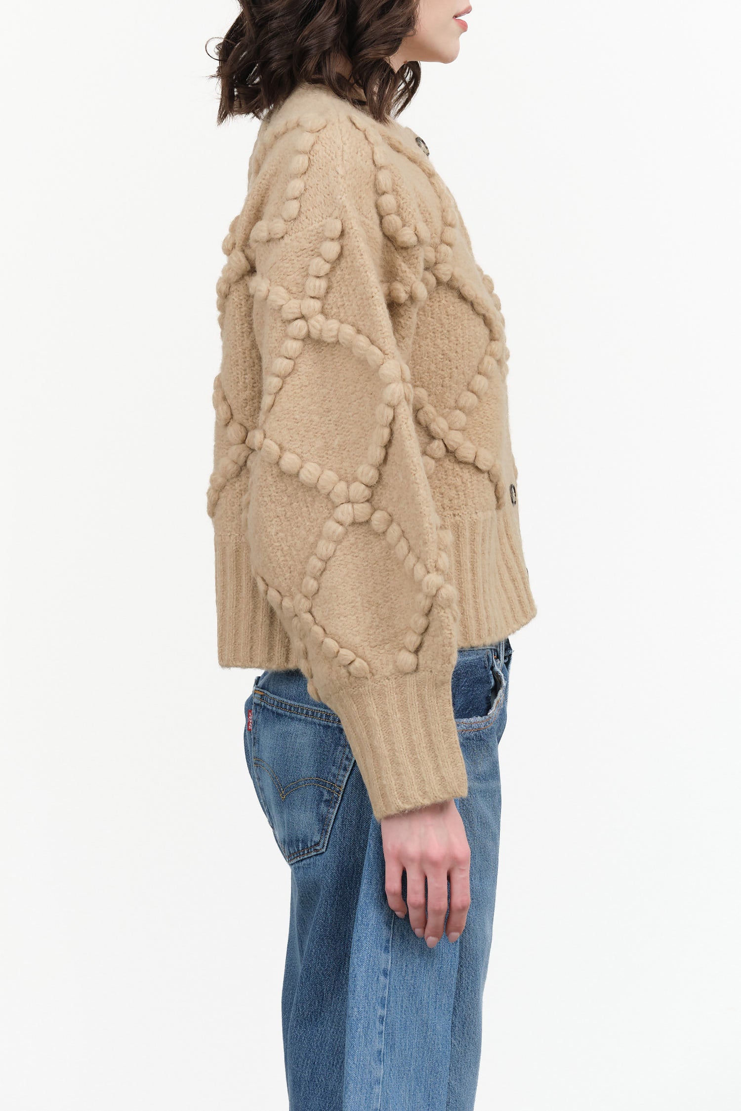 Atelier Delphine Designer Brand Valence Button Up Chunky Cardigan with Boucle in Sand Tan