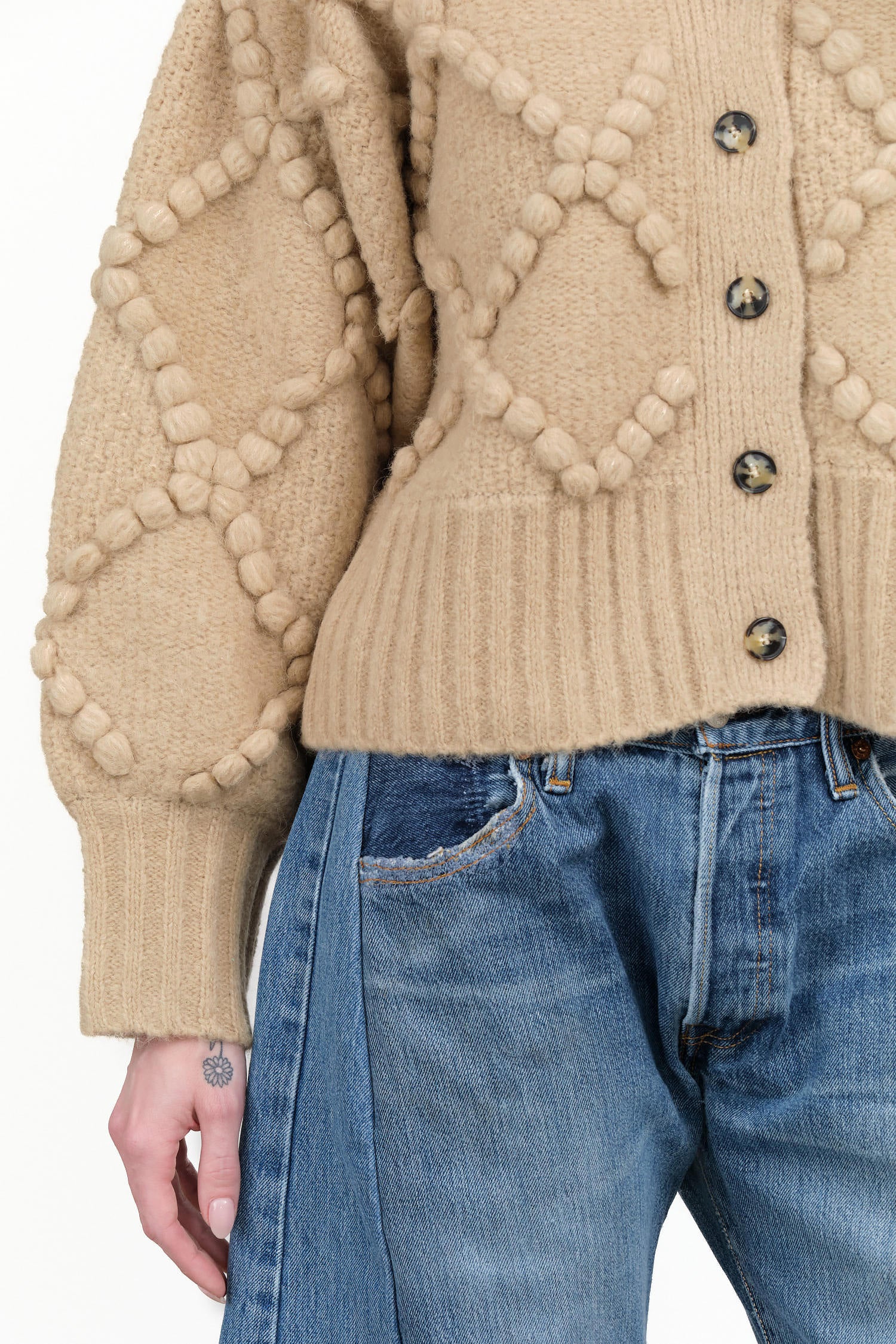 Valence Button Up Chunky Cardigan with Boucle in Sand Tan by Atelier Delphine Designer Brand