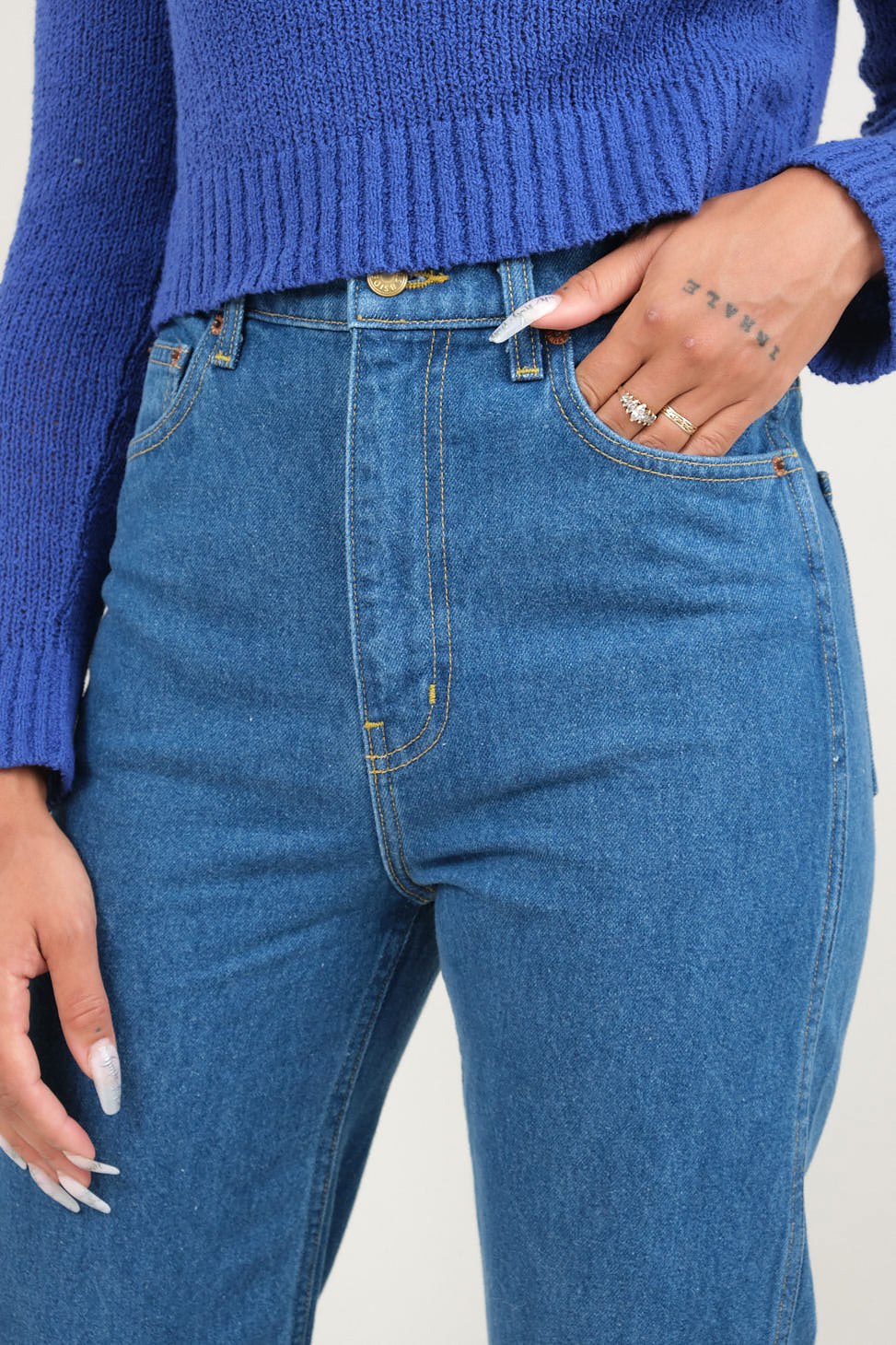 Front detailing on Plein High Straight in Bessette Blue