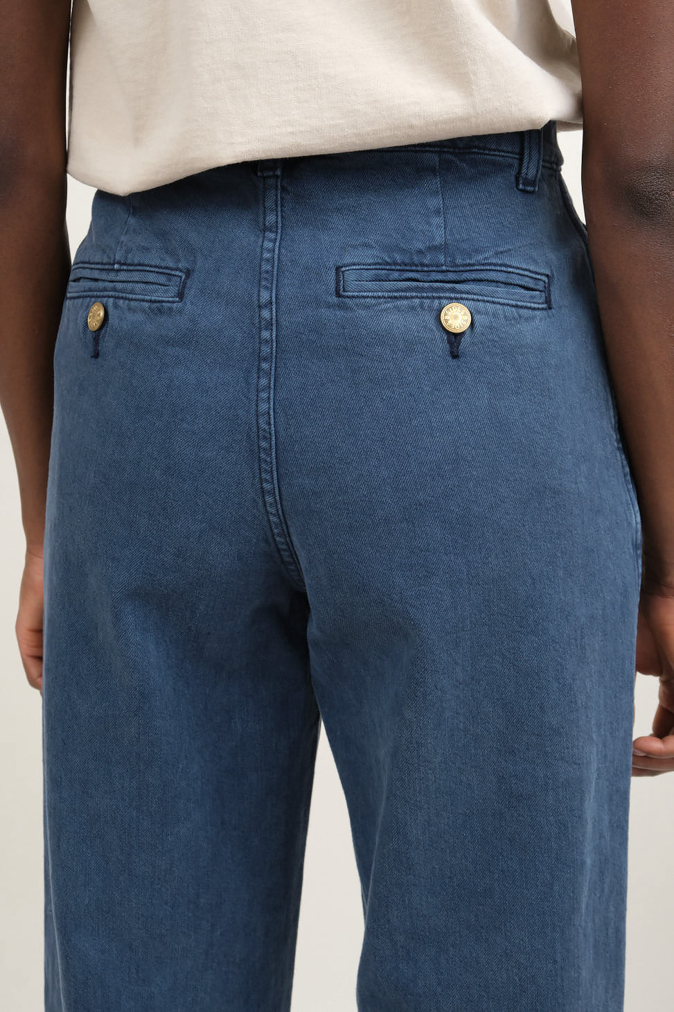 Back pockets on Chino in Blue Bell Overdye