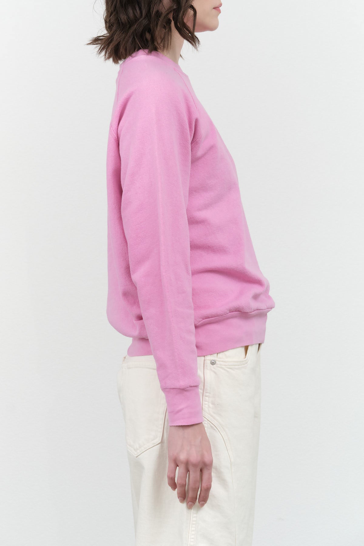 B Sides Jeans Crewneck Long Sleeve Sweatshirt with Ribbed Cuffs and Hems in Ziggy Bright Pink