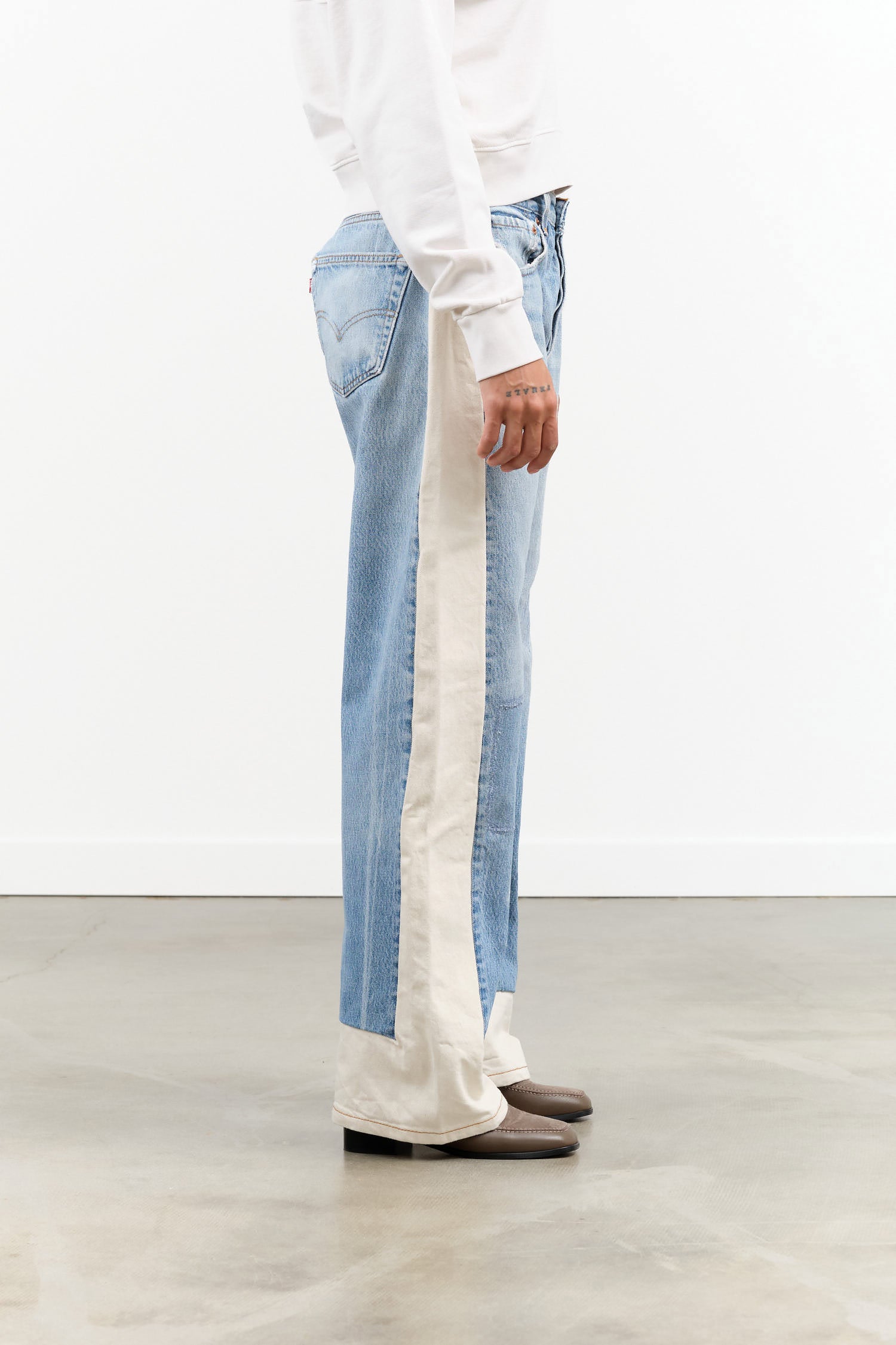 B Sides Jeans Designer Brand Reworked Slouch Jean in Vintage Indigo and Natural White Denim