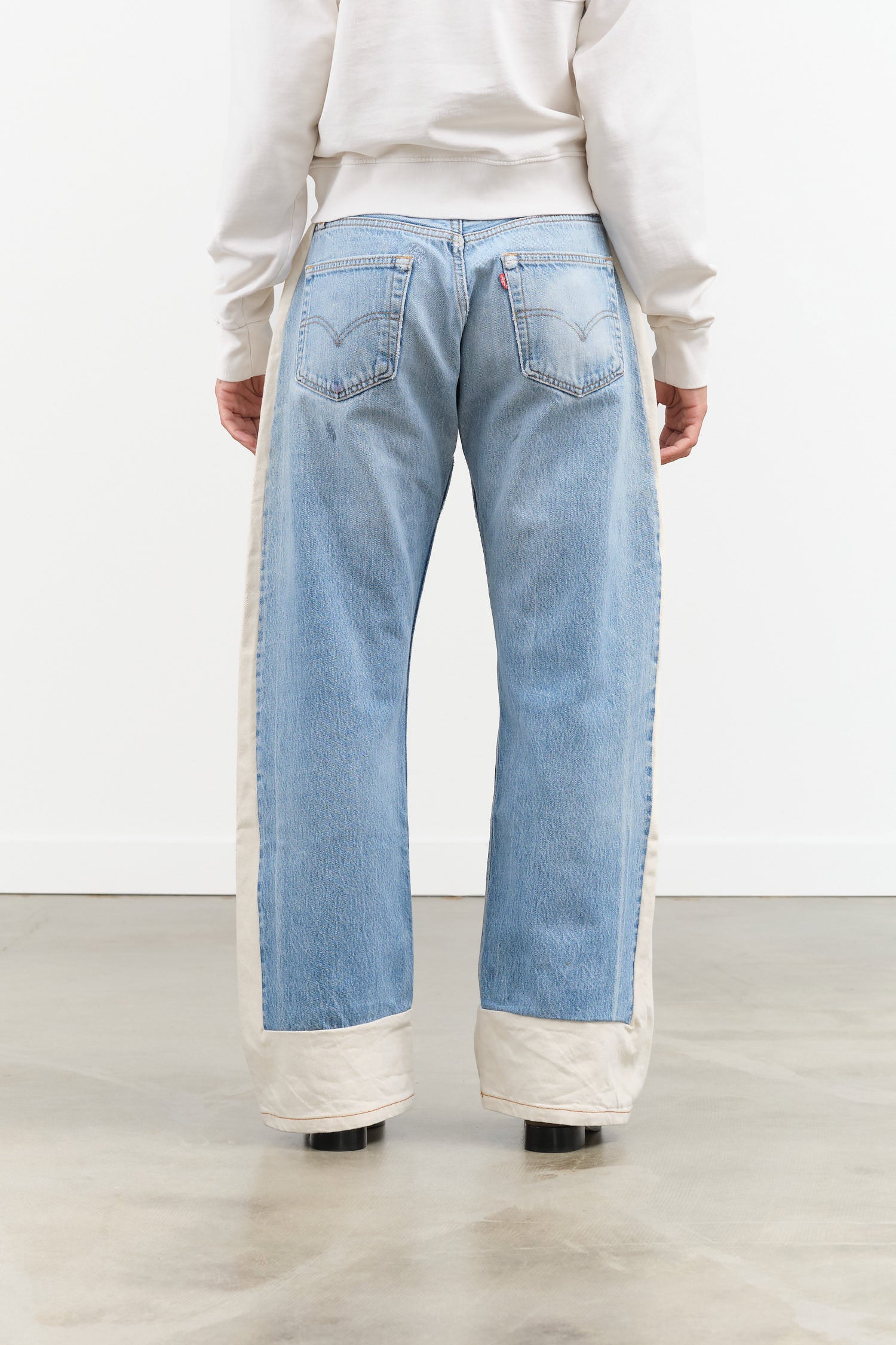 Vintage Indigo and Natural White Denim 
Reworked Slouch Jean Wide Leg by B Sides Jeans Designer Brand 