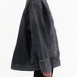 Button Up Stadium Jacket with Removable Fur Collar in Stil Black Denim by B Sides Jeans Designer Brand