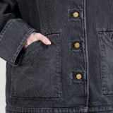 Stil Black Denim Button Up Stadium Jacket with Removable Fur Collar by B Sides Jeans Designer Brand