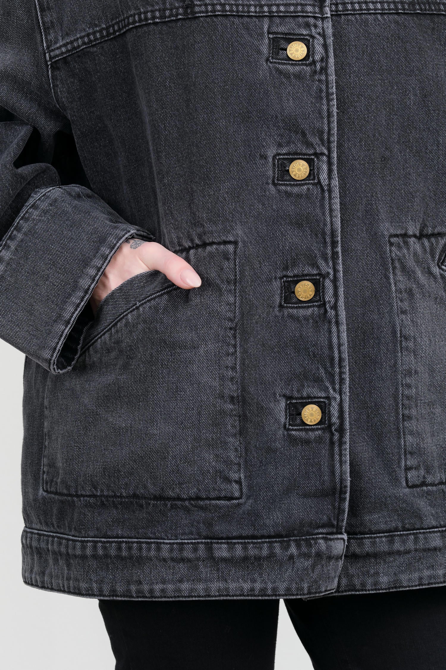 Stil Black Denim Button Up Stadium Jacket with Removable Fur Collar by B Sides Jeans Designer Brand