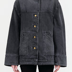 B Sides Jeans Designer Brand Button Up Stadium Jacket with Removable Fur Collar in Stil Black Denim