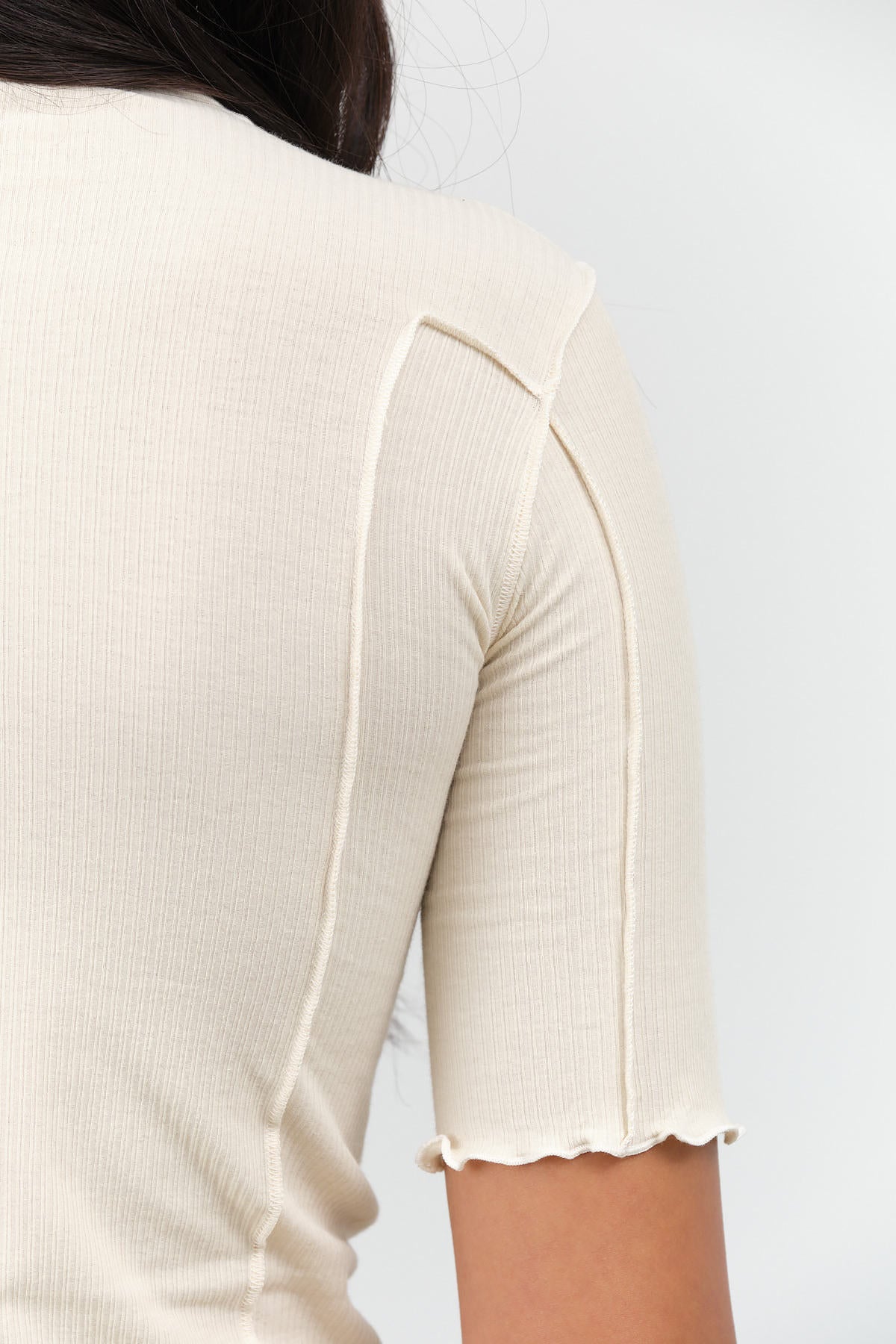 Omato 3/4 Sleeve Fitted Top in Off White by Baserange Designer Brand 