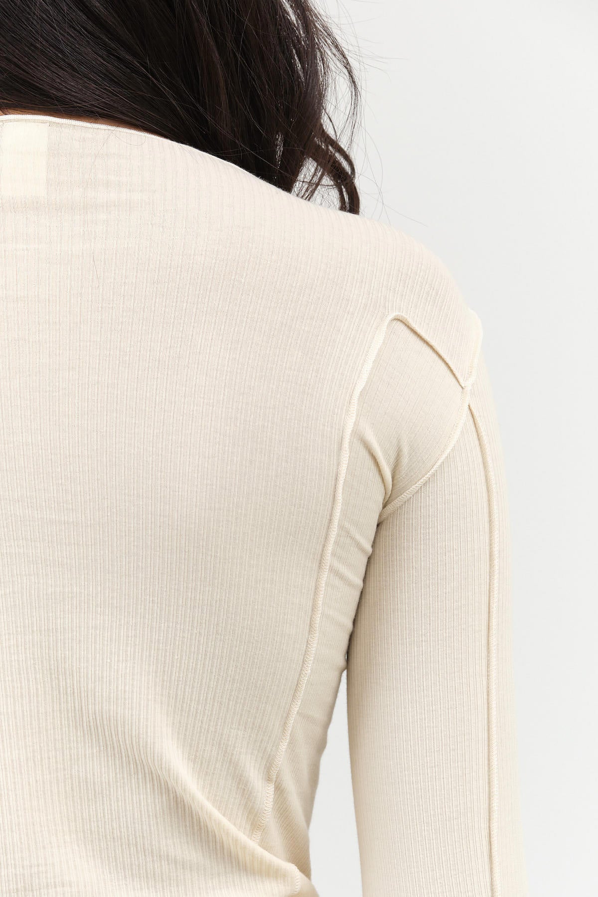 Baserange Designer Brand Off White Cream Omato Long Sleeve Fitted Top with Exposed Seams