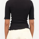 Black Pama 3/4 Short Sleeve Tight Top with Lettuce Edges by Baserange Designer Brand 