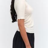 Baserange Designer Brand Pama 3/4 Short Sleeve Top with Lettuce Edges in Off White Cream 