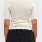 Off White Cream Pama 3/4 Short Sleeve Top with Lettuce Edges by Baserange Designer Brand