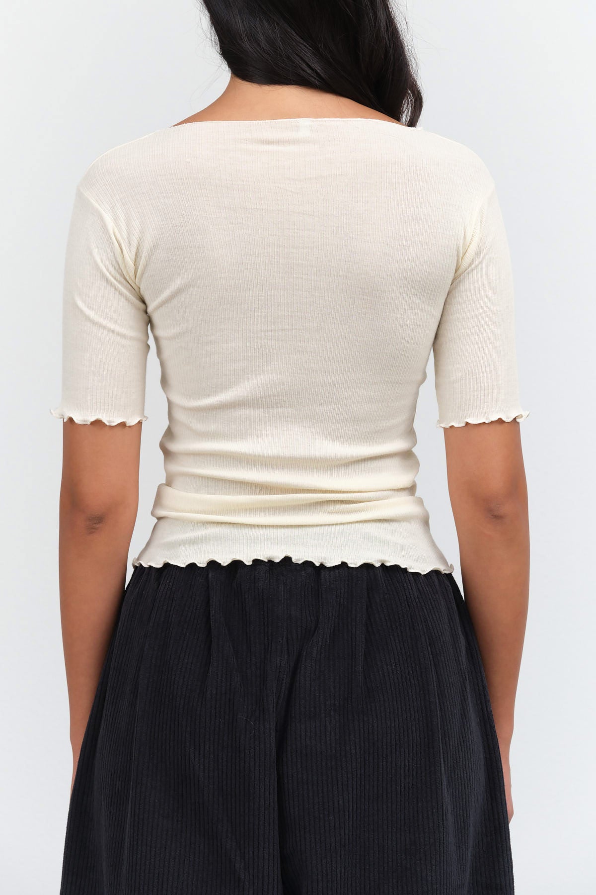 Off White Cream Pama 3/4 Short Sleeve Top with Lettuce Edges by Baserange Designer Brand