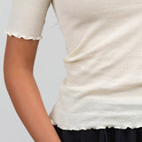 Pama 3/4 Short Sleeve Top with Lettuce Edges in Off White Cream by Baserange Designer Brand