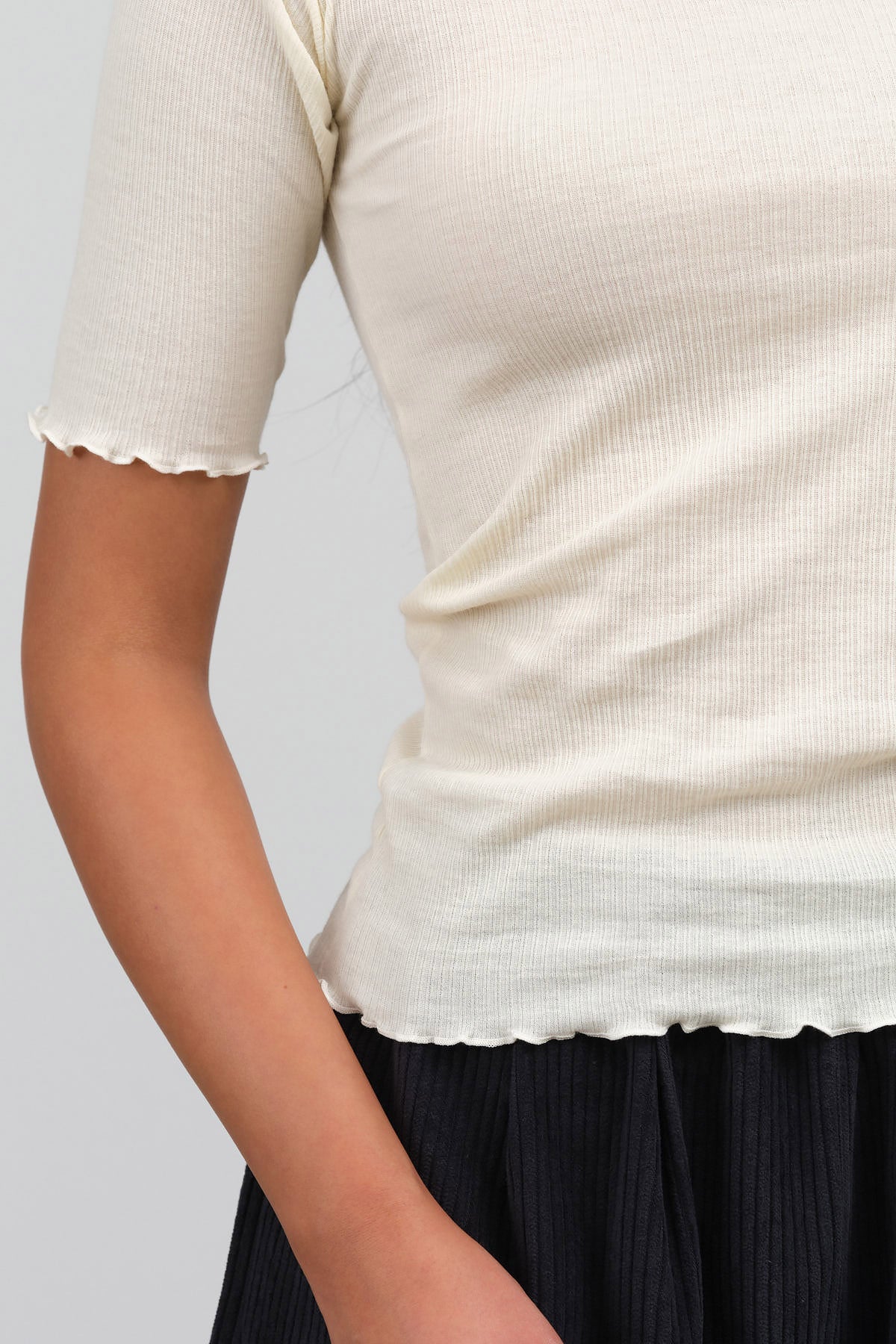 Pama 3/4 Short Sleeve Top with Lettuce Edges in Off White Cream by Baserange Designer Brand