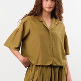 Black Crane Apparel Womens Blouses Cropped Shirts in Dark Olive