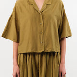 Black Crane Apparel Womens Blouses Cropped Shirts in Dark Olive