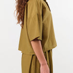 Black Crane Apparel Womens Blouses Cropped Shirts in Dark Olive
