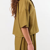 Black Crane Apparel Womens Blouses Cropped Shirts in Dark Olive