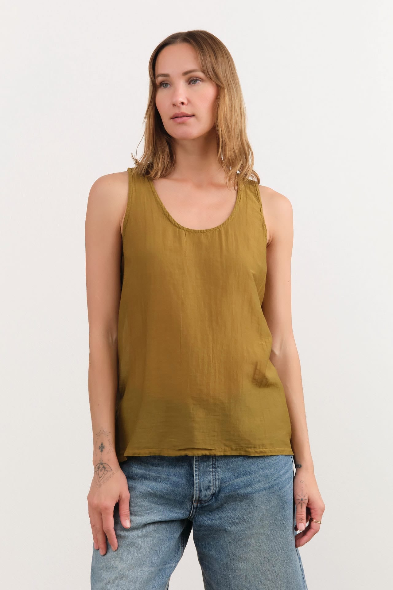 Black Crane Apparel Womens Tees Loose Tank Top in Dark Olive