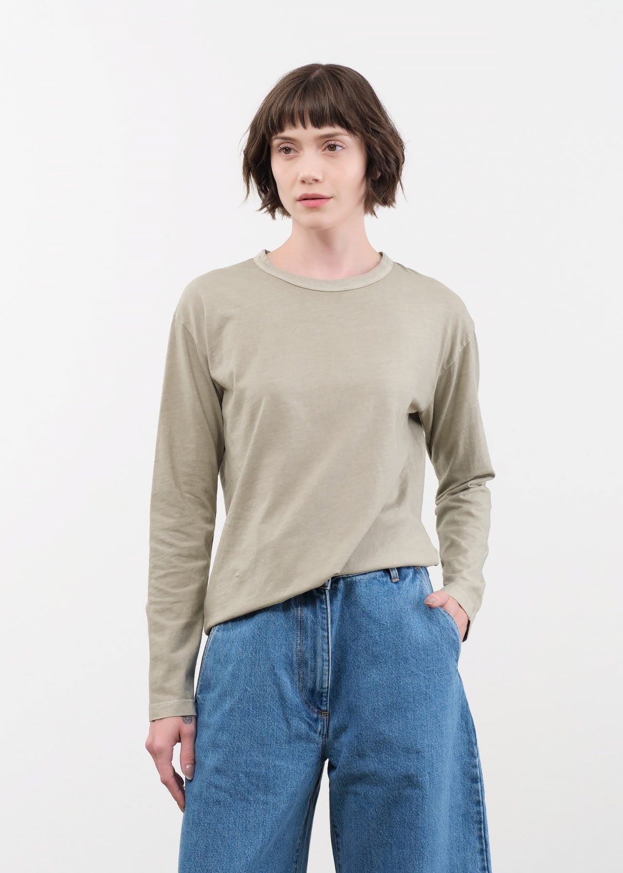 Black Crane Apparel Womens Blouses Regular Long Sleeve Tee in Limestone