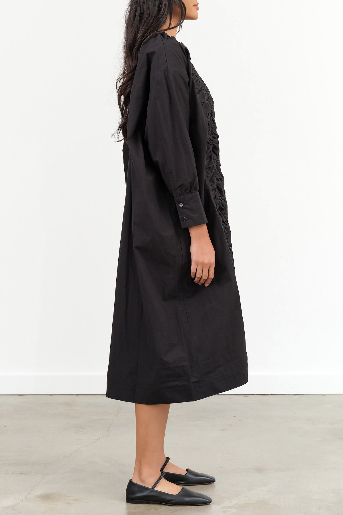 Black Crane Designer Brand Oversized Ruffled Button Up Midi Dress in Black 