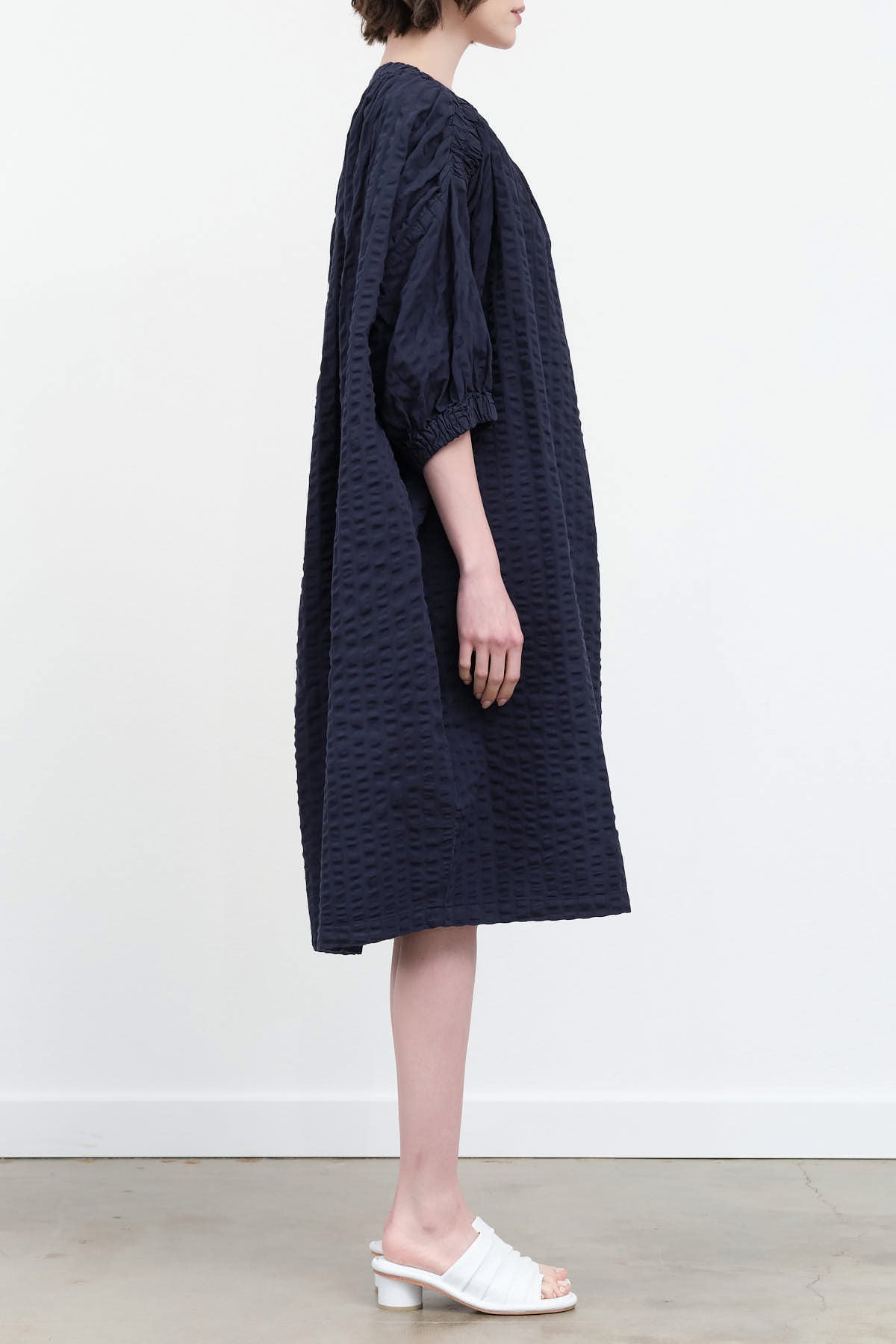 Side view of Sack Dress in Navy