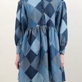 Denim Puff Sleeve Dress in Diamond Patchwork by Carleen