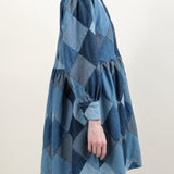 Carleen Puff Sleeve Dress in Diamond Patchwork Denim Button up Placket Above the Knee Length