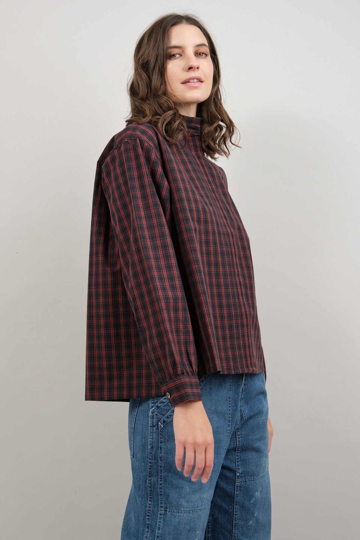 Pleated Stand Collar Shirt