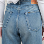 Back pockets on Unisex Straight Cut 13.5 oz Selvedge Denim in Used Medium