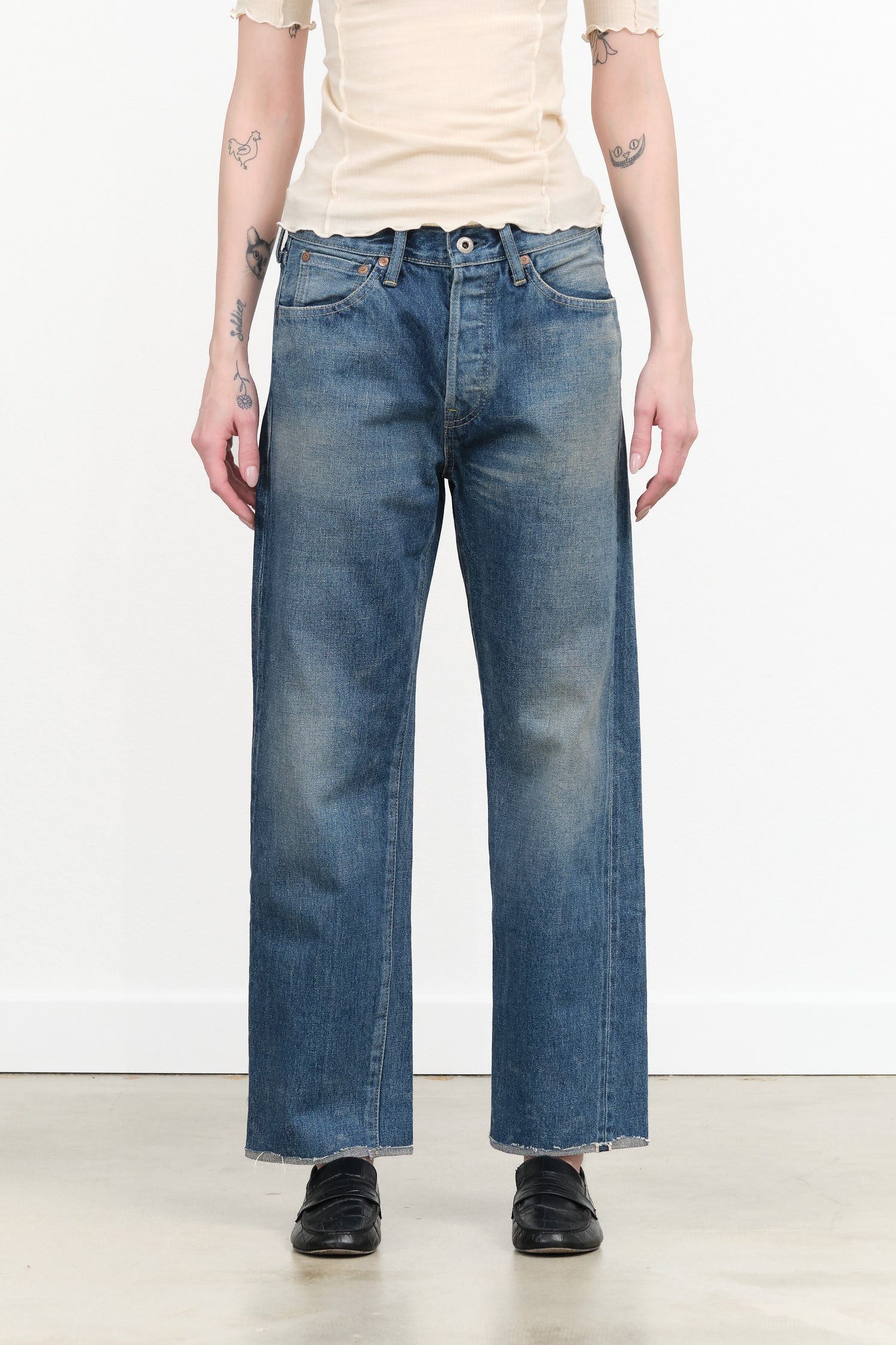 Chimala Apparel Womens Denim Used Ankle Cut 13.5 oz Selvedge Denim in Dark Vintage