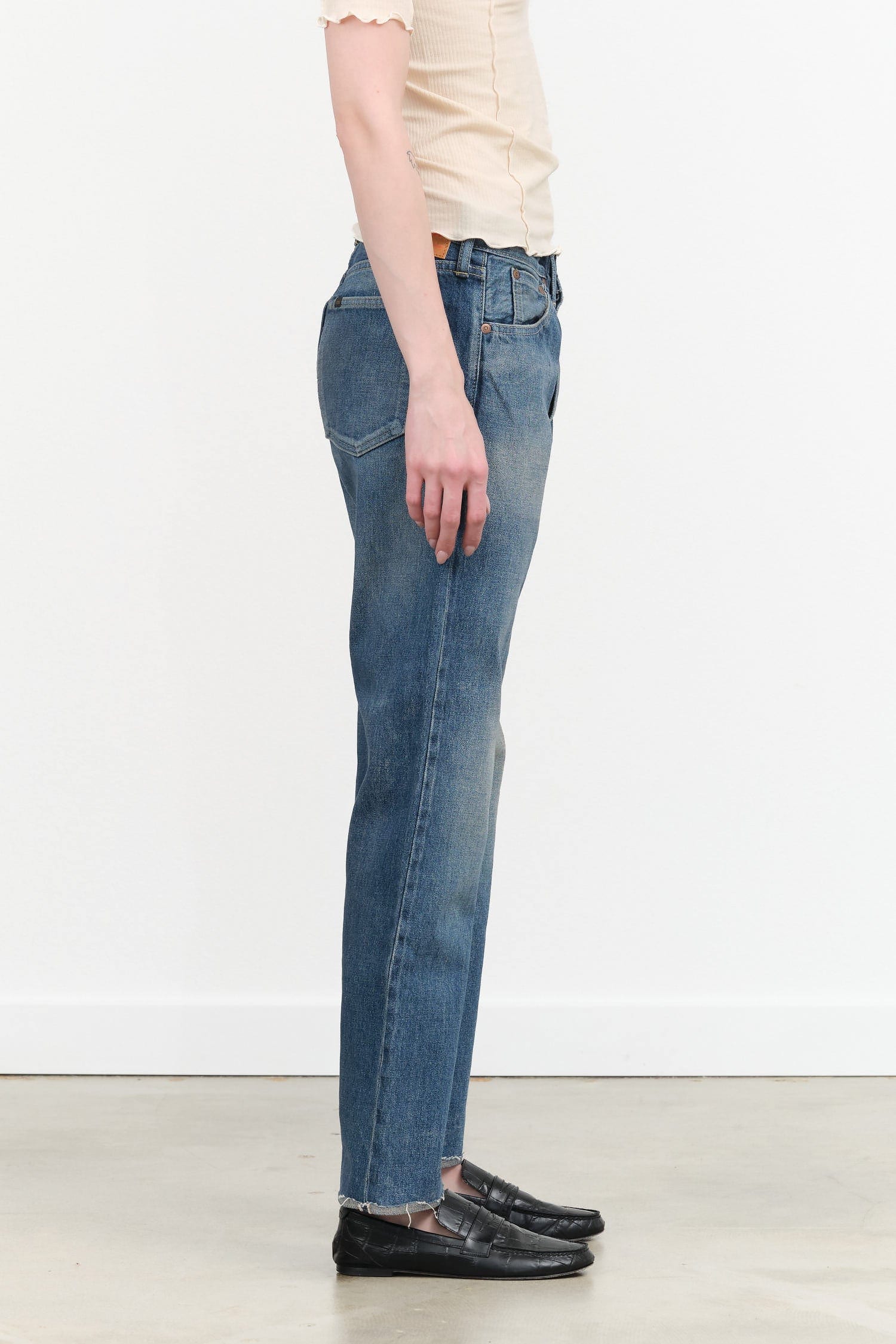 Chimala Apparel Womens Denim Used Ankle Cut 13.5 oz Selvedge Denim in Dark Vintage