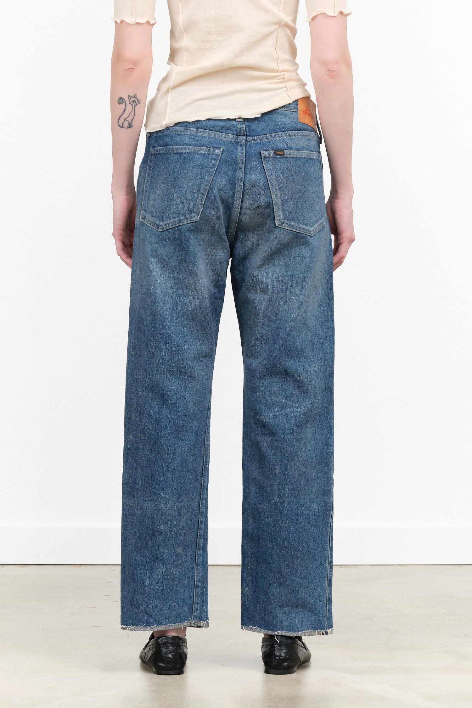 Chimala Apparel Womens Denim Used Ankle Cut 13.5 oz Selvedge Denim in Dark Vintage