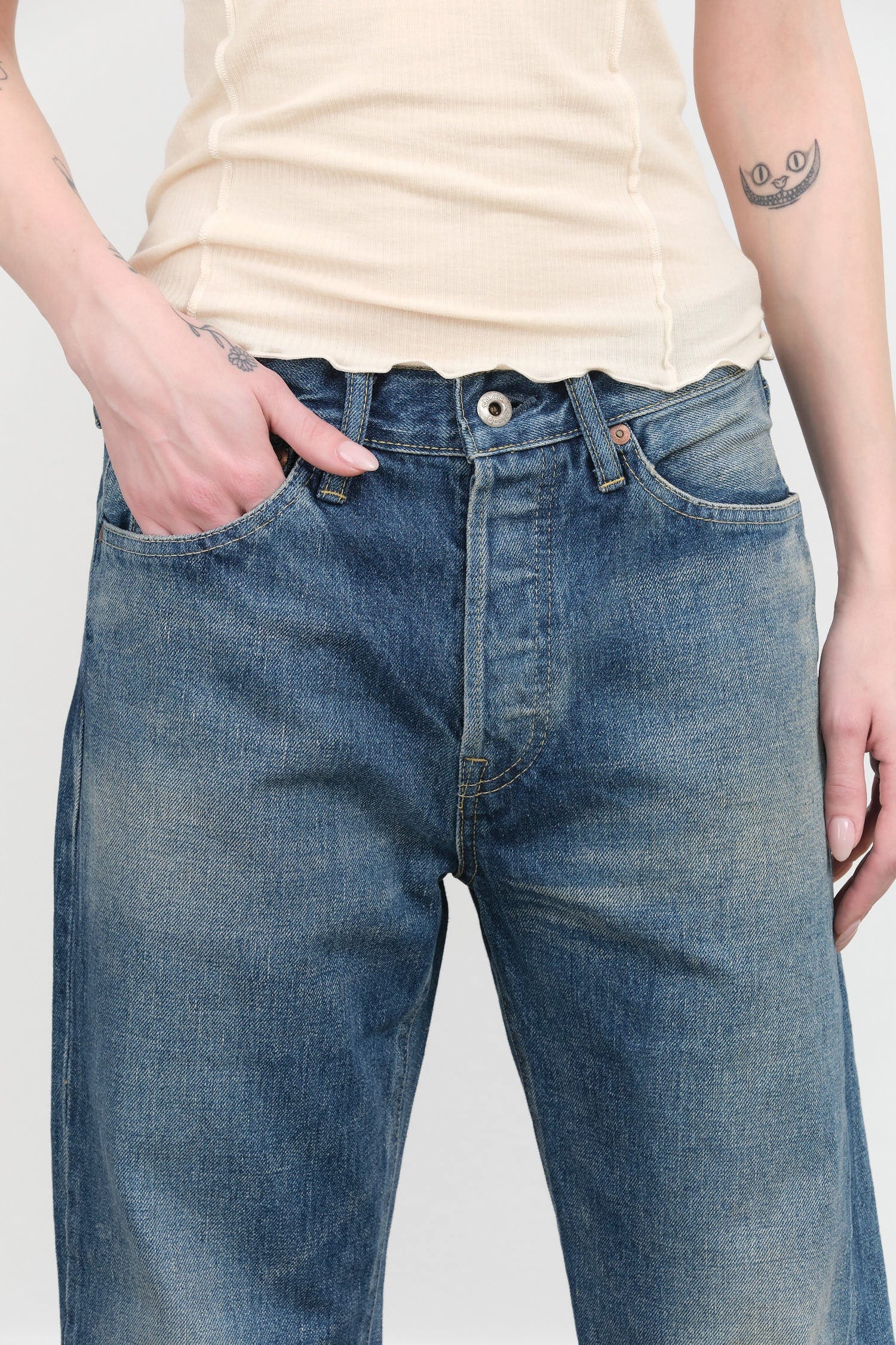Chimala Apparel Womens Denim Used Ankle Cut 13.5 oz Selvedge Denim in Dark Vintage