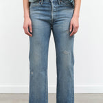 Front view of Used Ankle Cut 13.5 oz Selvedge Denim in Light Distress